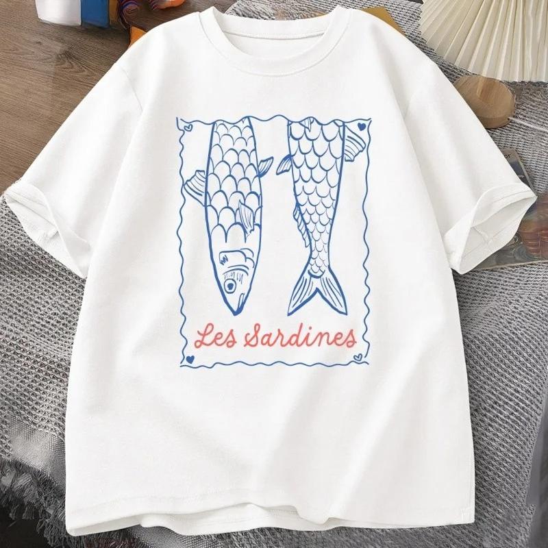 Fashion Sardine Tshirt Aesthetic Fish Tshirt Summer Shortsleeved Coast Tshirt Ocean Womens Casual Wear Tshirt Graphic Y2K S