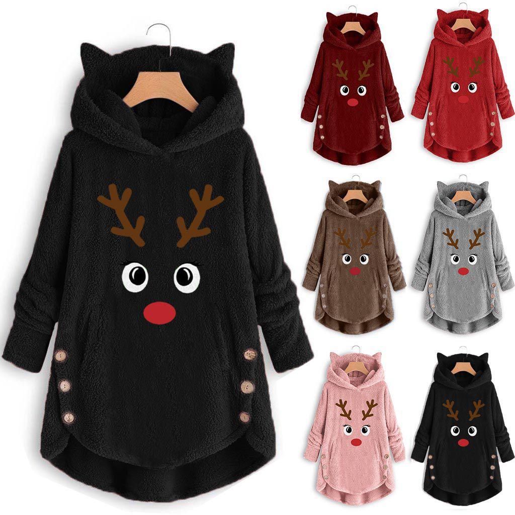 Cozy Fluffy Women's Christmas Sweatshirt With Adorable Elk Pattern And Cat Ear Design