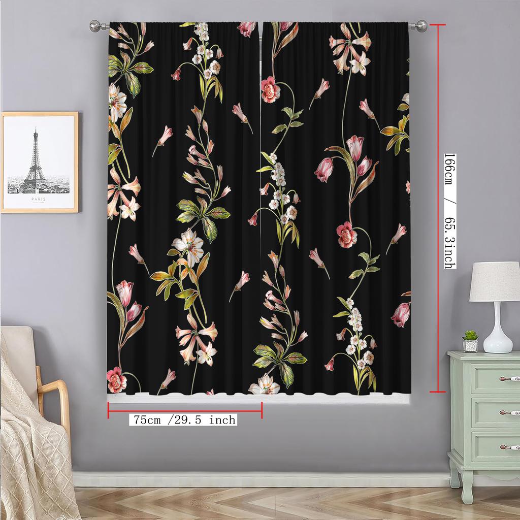 2PC Home Decoration Curtains With Black Background Flowers And Rod Pocket Curtains, Kitchen, Coffee Shop, Living Room, Balcony