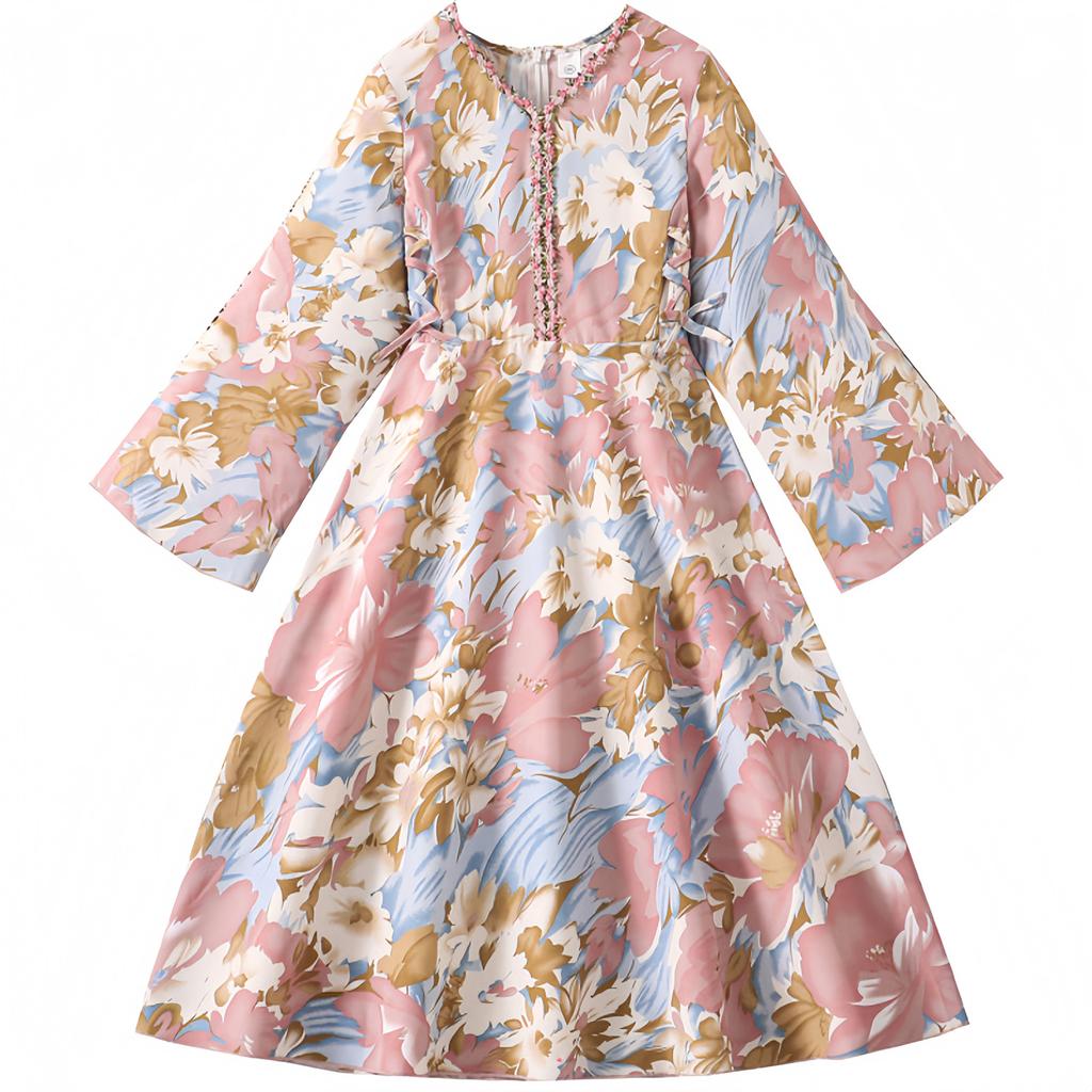 Girl Long Sleeves Floral Print Dress Children Kid Casual Princess Dresses Clothes