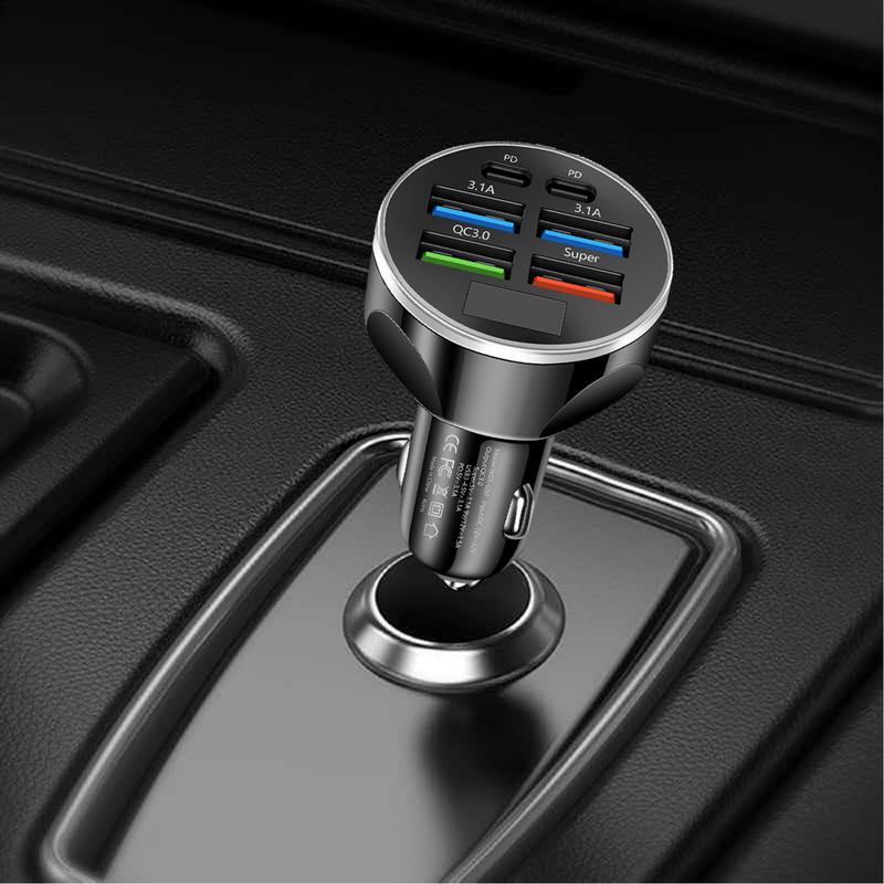 Car Charger Port Digital Display Car Charger with 6 Charging Ports Colorful Lights Charging Supplies Multifunctional Snap Lock