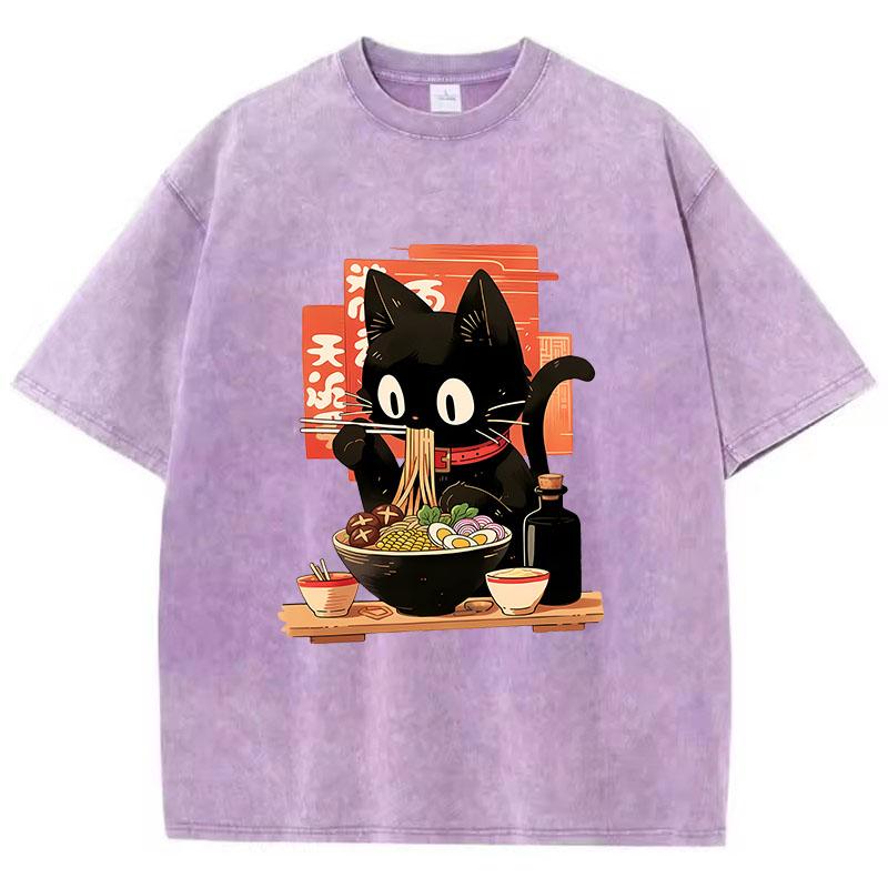 Streetwear T-Shirt Vintage Gewaschenes Baumwoll-T-Shirt Schwarz Ramen Katze Japanischer Anime-Stil Grafik-T-Shirt Lässig Frühling Sommer