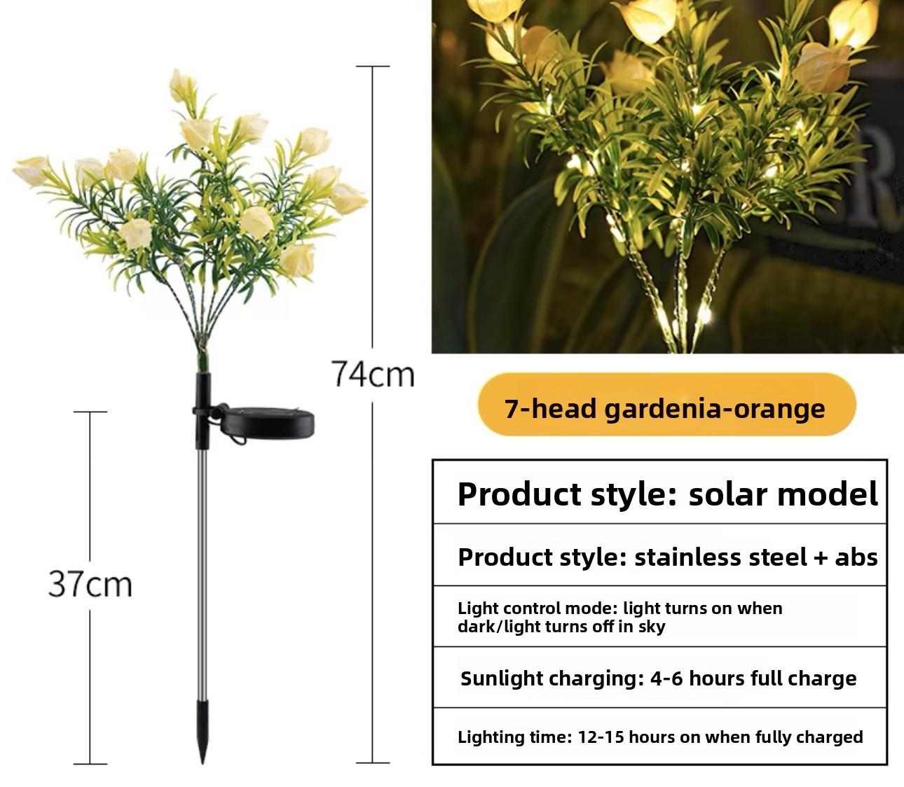 

Светодиодный солнечный светильник в виде цветка гардении, атмосферный светильник, уличный светильник для украшения сада, балкона, газонный светильник, вставляемый в землю 1PCS оранжевый