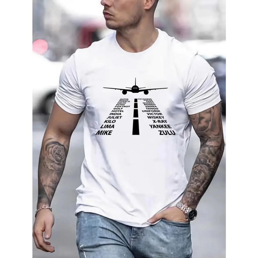 Airplane Graphic Print Men's Fashionable Summer Short Sleeve Sports Crew Neck T-shirt, Comfortable And Versatile Clothes