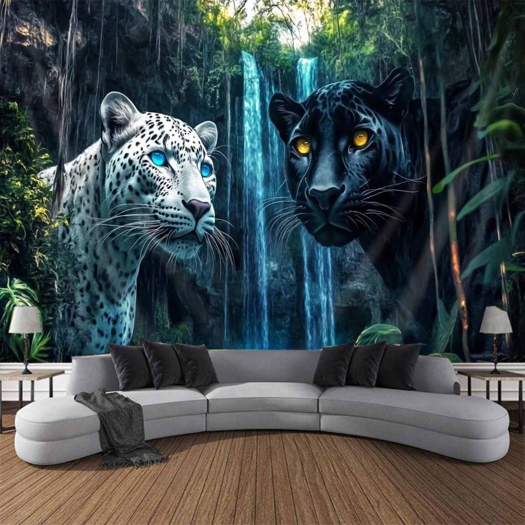 Tapiz de Pantera Blanca y Negra para Colgar en la Pared, Paisaje de Selva Boscosa con Cascada, Decoración de Arte Mural de Animales Genial para Sala de Estar