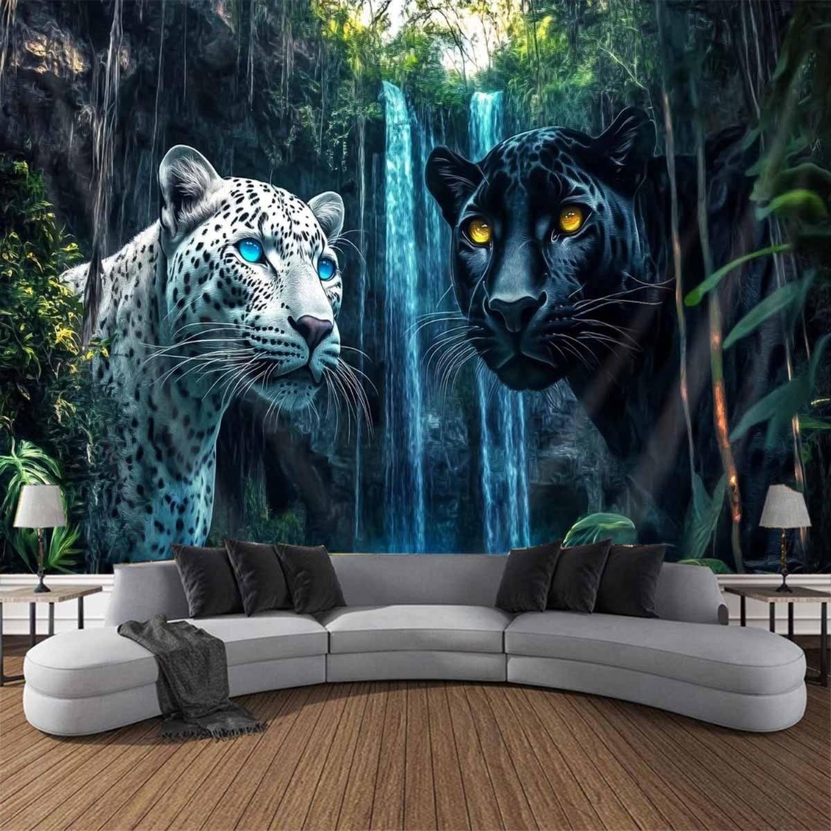 Weißer und Schwarzer Panther Wandteppich, Wasserfall Dschungel Wald Landschaft, Coole Tier Wandkunst Dekor Für Wohn 70x100cm28x39in