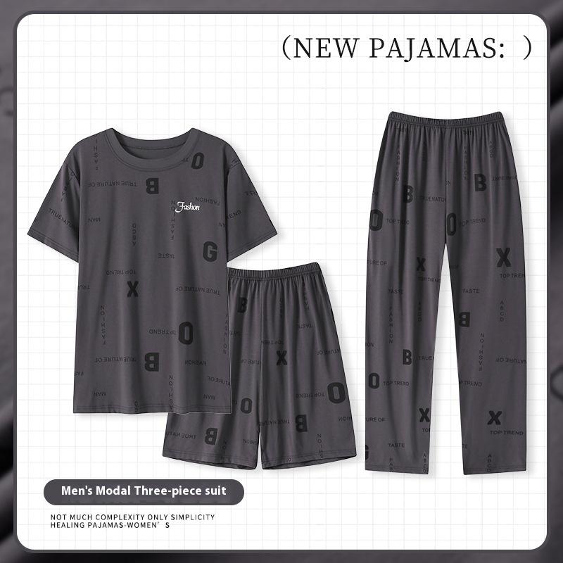 

Летняя мужская пижама из трех предметов, домашняя одежда, модальная домашняя одежда, мужская пижама с короткими рукавами, длинные брюки, повседневная домашняя одежда L