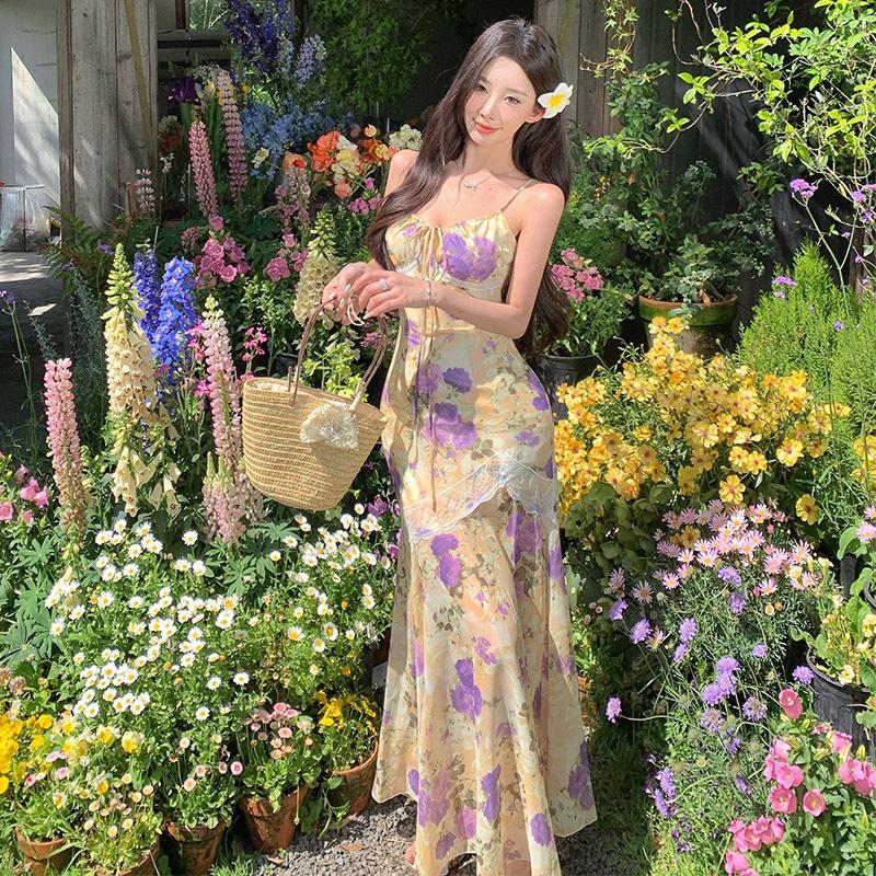 New Holiday Style Dress Women's Summer Lace Hip Wrap Fishtail Skirt Floral Suspender Dress Long Dress