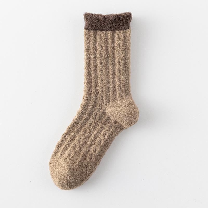 Women's Mid-calf Socks for Autumn and Winter, Thick and Warm Mink Fleece with Linen Patterns, Long Home Sleeping Socks