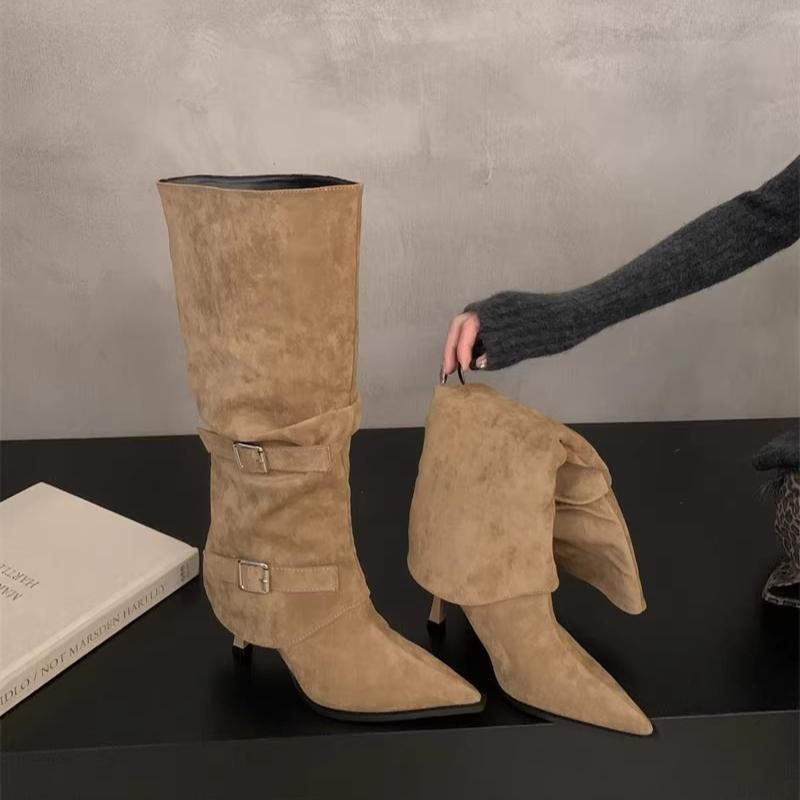 Fashion Women High Boots Sexy Pointed Toe High Heels Shoes Suede Pleated New Winter Fashion Chelsea Boots Dress Party  Pumps Woman Botas