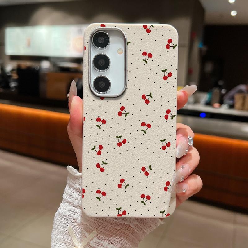 Cherry Wave Point Print Soft Phone Case For Samsung S25 Ultra S24 FE S23 S22 A16 A56 A55 A36 A15 A26 TPU Matte Leather Texture Shockproof Slim Cover