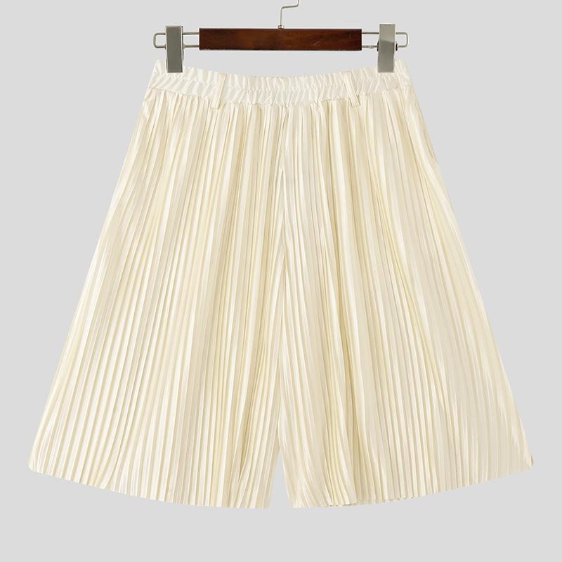 INCERUN Men Elastic Waist Pleated Casual Loose Half Pants Shorts