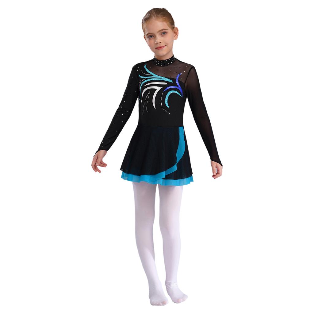 Girls Figure Skating Dress with Sparkly Rhinestones Sheer Mesh Patchwork Long Sleeve for Dance Performance