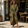 Maxi Shirt Dress for Women, V Neck Long Sleeve Ruffled Tie Waist Boho Long Dress, High Slit A-line Loose Flowy Dress with Pockets