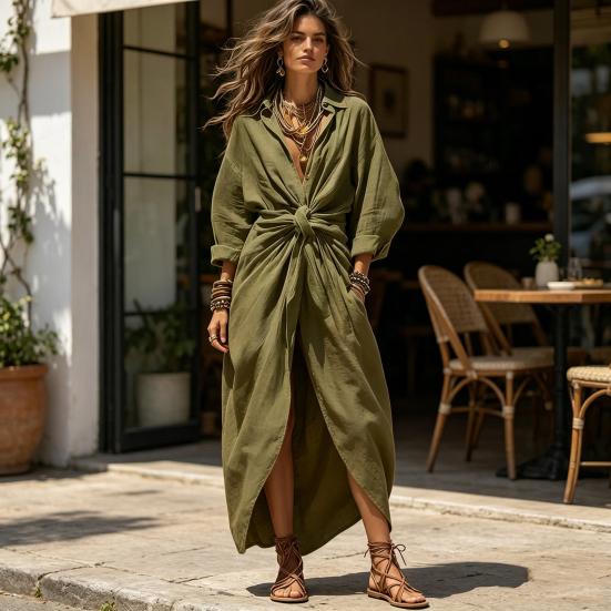 Maxi Shirt Dress for Women, V Neck Long Sleeve Ruffled Tie Waist Boho Long Dress, High Slit A-line Loose Flowy Dress with Pockets