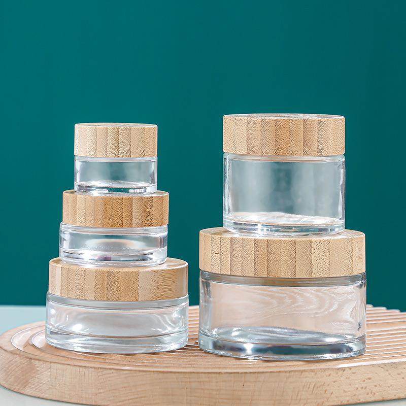 Portable Glass Cream Jar with Wood Grain Lid for Face, Eye Cream, and Masks