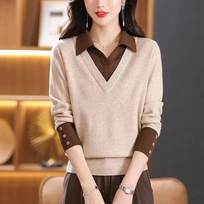 Mode Original Herbst Fake Zweiteiler Polo-Kragen Pullover Damen Kontrastknöpfe Locker Einfach Patchwork Langarm Stricktop