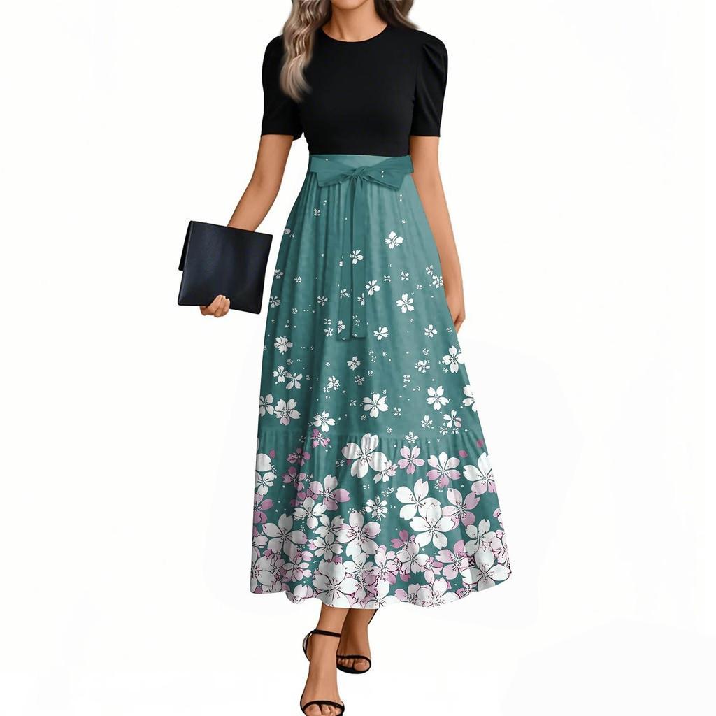 Women's Floral Print High Waist Fashionable And Elegant Dress