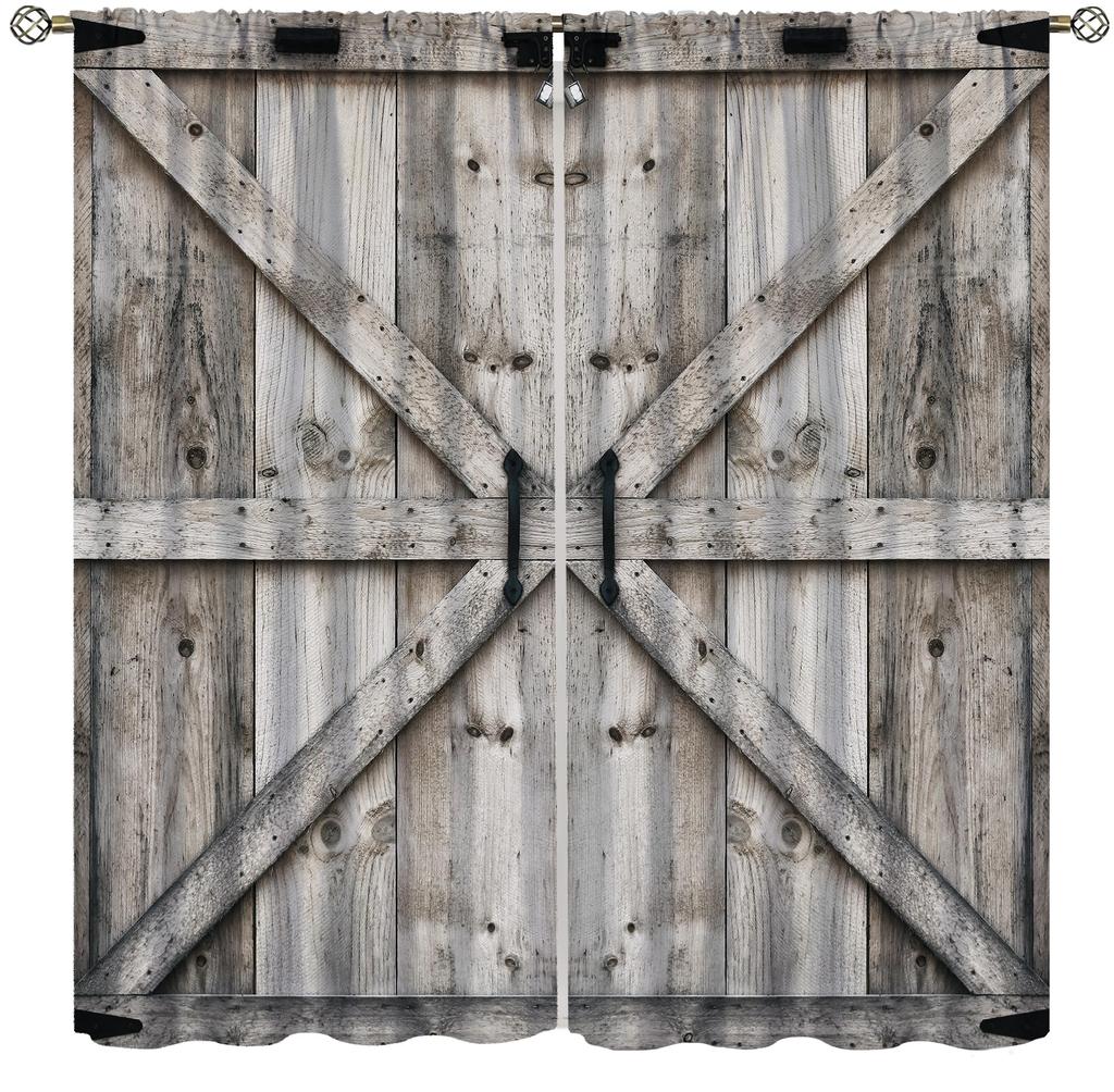 Rustic Vintage Wood Plank Blackout Curtain 2 Panels Aged Rough Wooden Board Texture Print Window Drape Warm Cabin Living Room