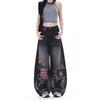 American retro plaid splicing scimitar jeans men's and women's new casual loose wide-leg drape pants