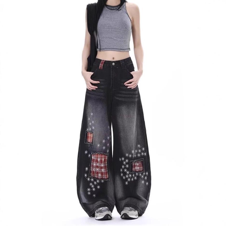 American retro plaid splicing scimitar jeans men's and women's new casual loose wide-leg drape pants