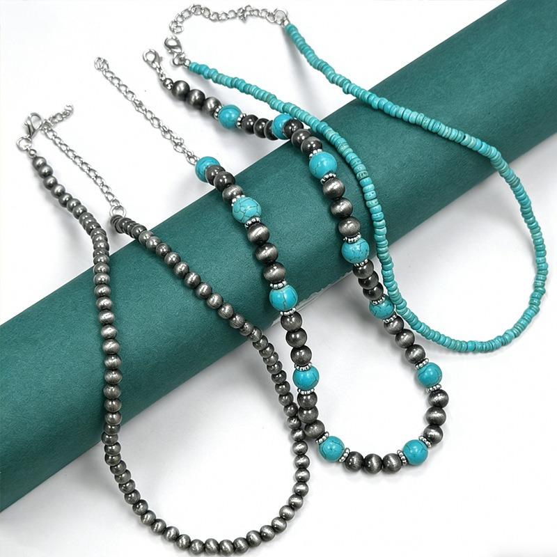 European and American Navajo Style Turquoise Necklace, Women Stacked with High-end Three-piece Set, Ethnic Tin Bead Neck Chain