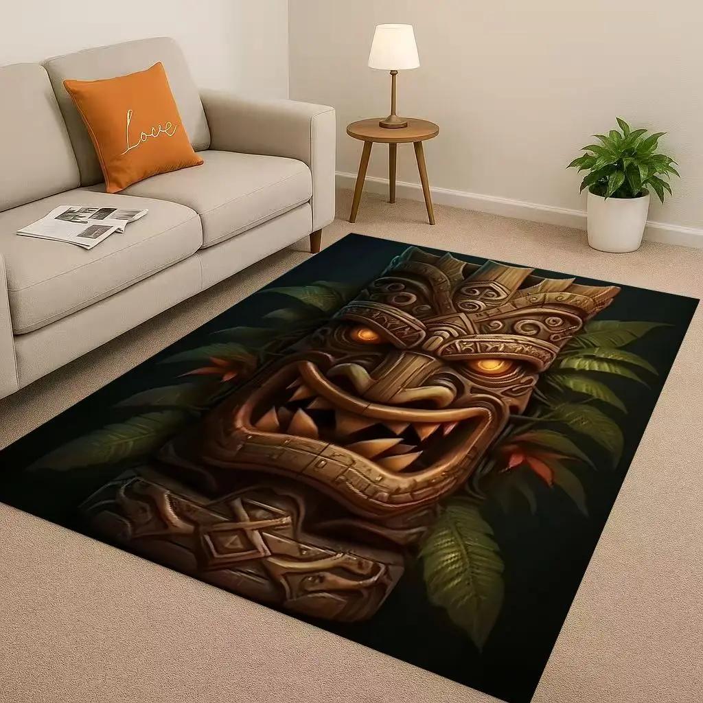 Retro Aztec Totem Maya Mask Sun God Living Room Non-Slip Area Rug Soft Carpet For Bedroom Sofa , Easy Clean Home Doormat Playmat