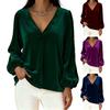 Women Tops V Neck Lantern Long Sleeve Solid Color Casual Tops Loose