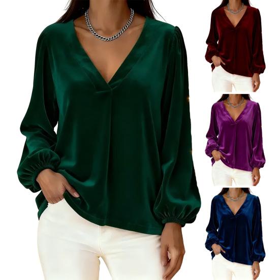 Women Tops V Neck Lantern Long Sleeve Solid Color Casual Tops Loose
