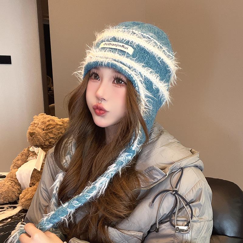 Warm Plush Hat for Women's Tassel Ear Protection Knitted Hat Outdoor Cold Protection Versatile Cold Hat Showing Face Small Wool Hat