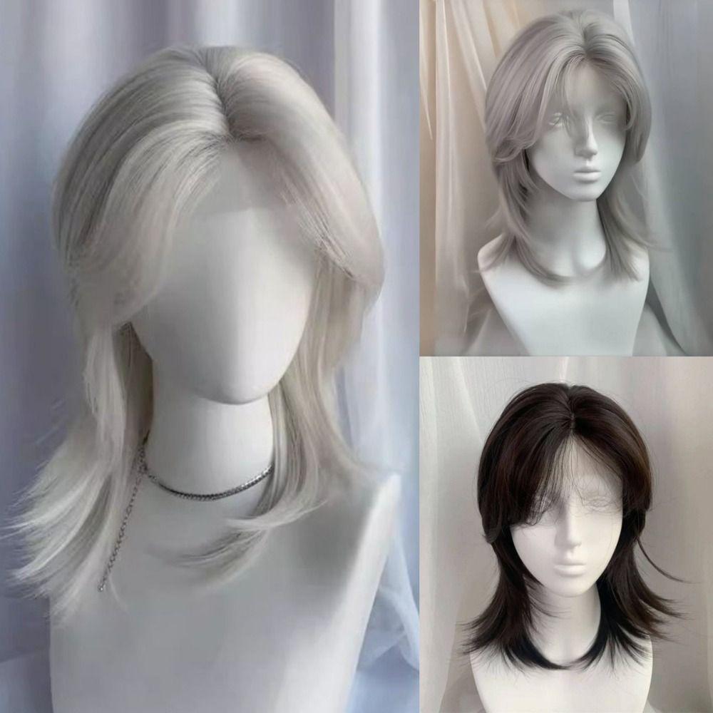 Short Straight Mullet Head Wigs with Bangs Wolf Tail Anime Men Wigs Halloween
