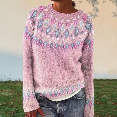 Yousheng Women Sweater Round Neck Long Sleeve 3D Digital Print Knitting Tops Loose Fit Casual Knitwear Work Party Wear
