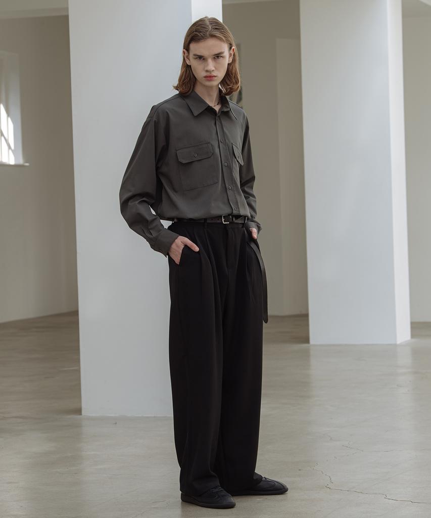 Dekkoloso Back Half Banding Double Pleated Wide Pants [Black]