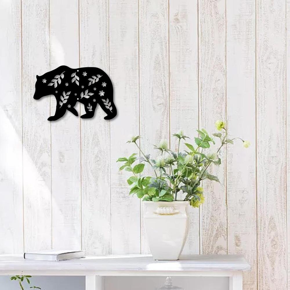 Black Metal Bear Wall Art Sculpture, Hollow Single Line Design for Home Living Room Outdoor Decor, Housewarming Gift 12x8Inch