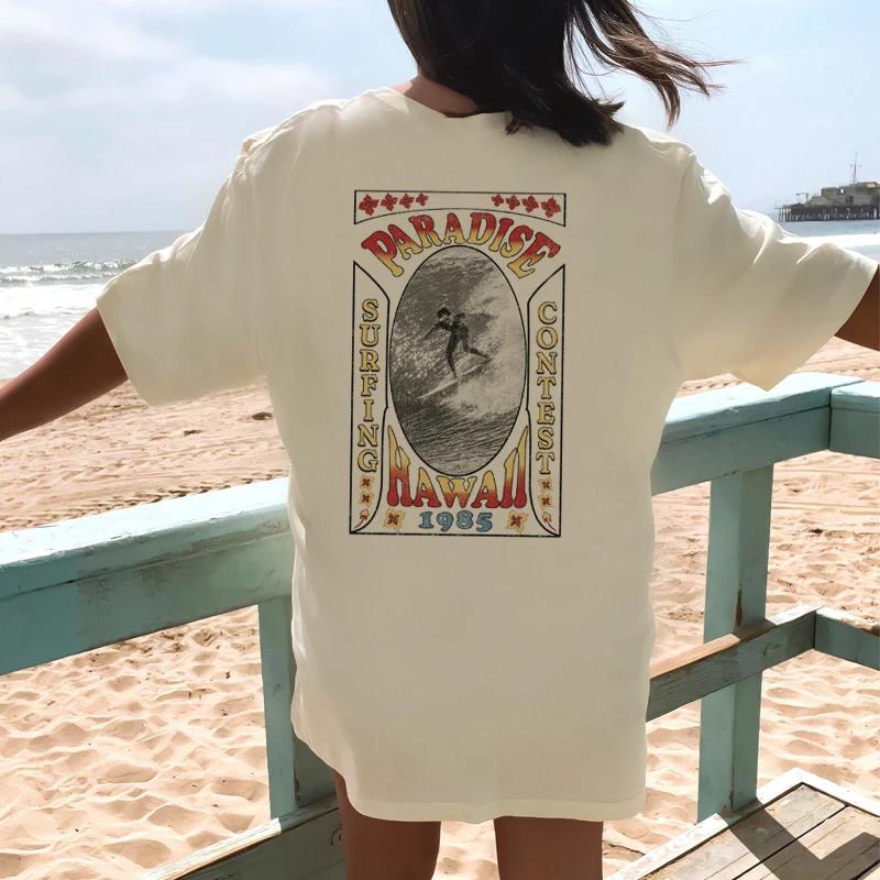 Hawaii Surf Back Print Oversized Tshirts Unisex Vintage Aesthetic Beach T Shirts Summer Trendy Vsco Girl Vacation Tops Clothes