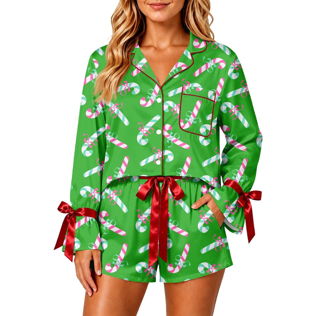 Women's Christmas Pajama Set with Button-Down Shirt and Shorts for Holiday Sleepwear