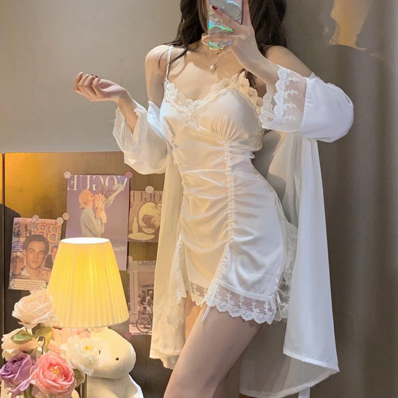 Xia Chun Wants Style Pajamas, Female Sexy Lace Suspender Nightgown, Nightdress, Two-Piece Set, Loungewear With Chest Pad