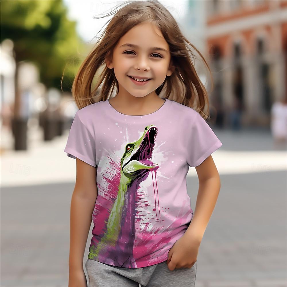 Girls' 3D Floral Dinosaur Tee Shirts Pink Short Sleeve 3D Print Summer Active Fashion Top