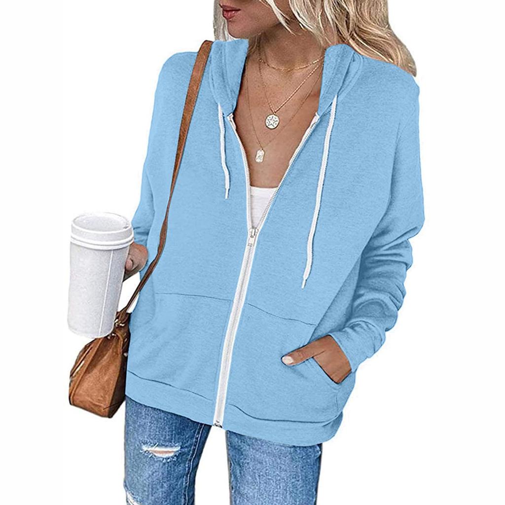 2021 Cross-Border Autumn/Winter Solid Color Hooded Zip-Up Sweatshirt with Drawstring and Pockets