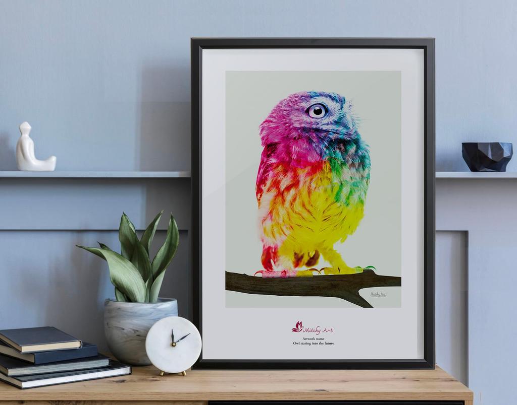 Seeing the interior wall art A3 framed wide x 43cm "Owl Future" painting, panel, size, (32cm high)