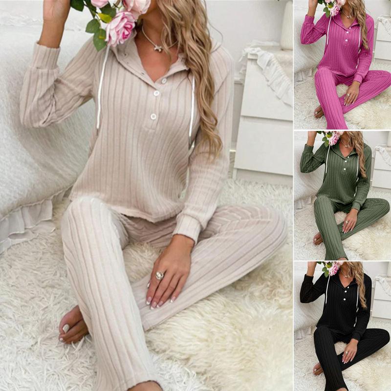 Damen Hausanzug Set Lässige Mode Rippstrick Gebürstet Langarm Kapuzen-Knopf-T-Shirt Hose