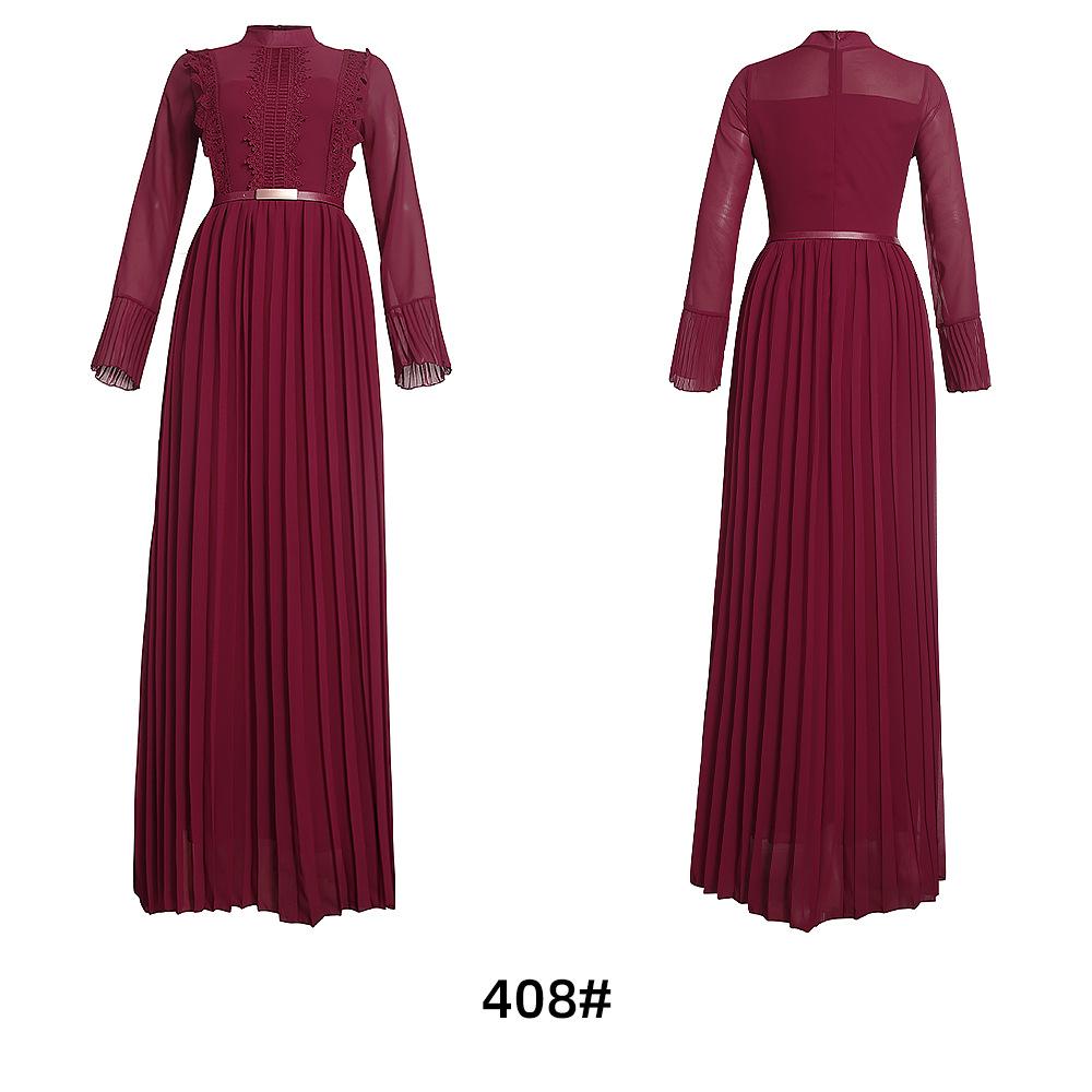 African Women's Muslim Long Sleeve Chiffon Pleated Skirt Dress with Belt