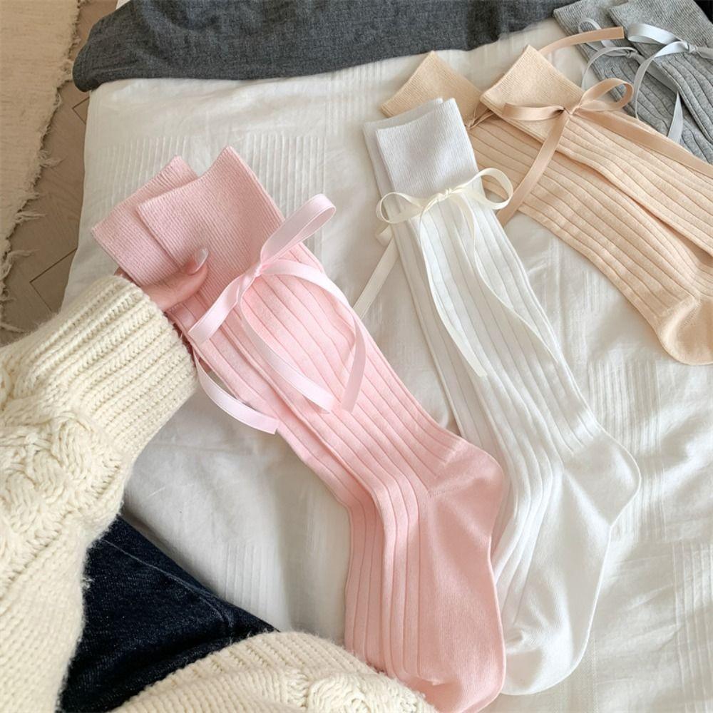

Чулки JK с бантом, однотонные полосатые длинные носки, элегантные девушки