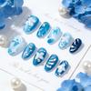 30-Piece Blue Ocean Gold Foil 3D Floral Rhinestone Almond Nails Set