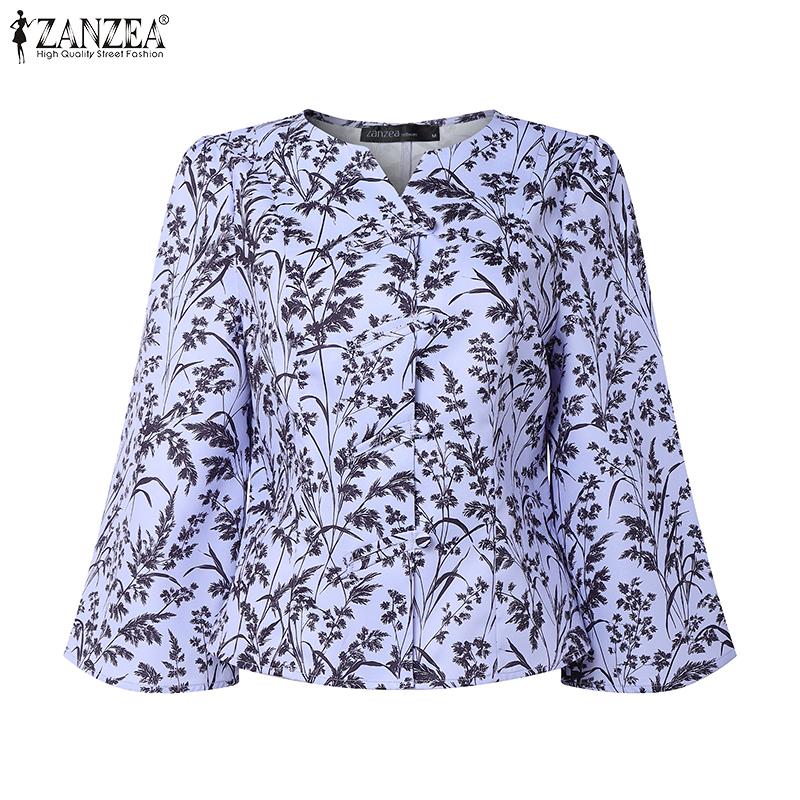 ZANZEA Women Casual V-Neck 3/4 Sleeve Loose Print Blouse