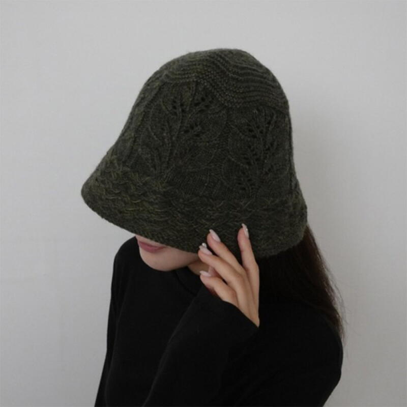 Women's Leaf Pattern Crochet Team Wool Knit Bucket Hat