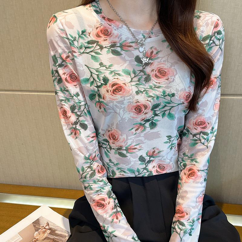Retro Floral Print Mesh Women's Long Sleeve Sun Protection T-Shirt
