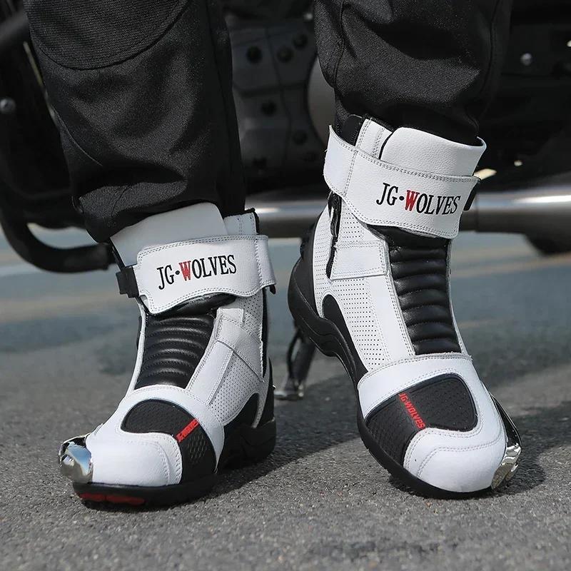 Pánské motocyklové boty, prodyšné, proti pádu, silniční závodní boty, reflexní motocyklové boty s gumovou podrážkou, řadicí páka