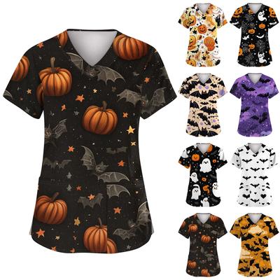 Women's Fashion Short Sleeve Halloween Printed V-Neck Pocket Workwear Tops