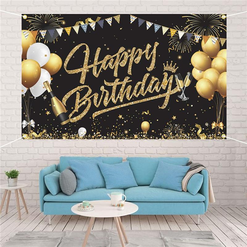 3X Birthday Backdrop Banner Black Gold Backdrop Sign Happy Birthday Party Decoration Set For Girls Men Women Celebration-B61B